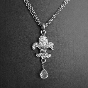 Cookie Lee Fleur De Lis Silver Tone Pave Crystal Pendant Necklace